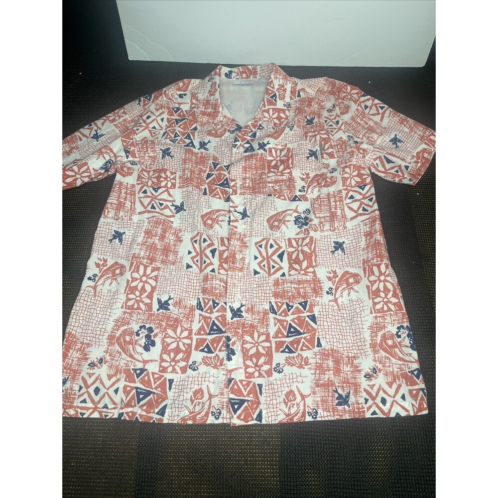 Columbia PFG Mens Large Short Sleeve Button Down Fishing Shirt Orange Fish Print